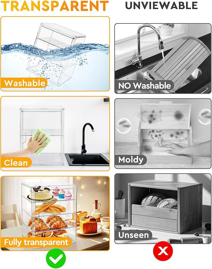 MEI NIAN Pastry Display Case,Bread Box for Kitchen Countertop,4-Layer Adjustable BreadBox, Large Capacity Bread Box for Home-baked Breads,Muffins,Bagel Storage Container, Bread Holder-2pcs