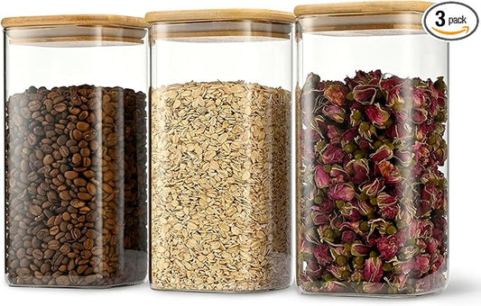 D2scrma 50oz Airtight Glass Square Storage Canister with Bamboo Lid Set of 3 (1500ml) Container Stackable Spice Jar, Kitchen Canister for Flour, Cookies, Cereal and Coffee beans (‎with Black Lable)