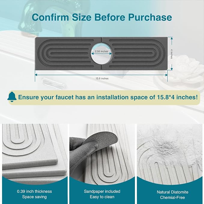 Faucet Mat for Kitchen Sink, Stone Drying Mat for Kitchen Counter, Stone Mat Bathroom, Kitchen Mat, Sink Mat, Water Absorbing Stone Tray for Sink, Bathroom Stone Mat (DARK GREY, 15.8*4")