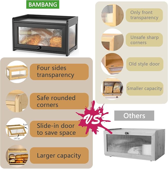 BAMBANG Bamboo Bread Box for Kitchen Countertop, Extra Large Farmhouse Bread Box with 4-Side Clear Panels, Wooden Bread Storage Container for Homemade Bread, Black
