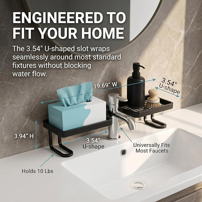 Behind The Faucet Sink Organizer with 20-Pack Pull-Out Microfiber Cloths, No-Drill U-Shaped Bathroom Countertop Shelf, Holds 10 Lbs, Quick Drain Washbasin Space Saver (White)