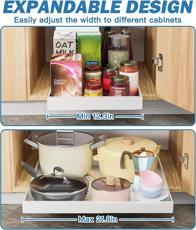 2 Pack Pull Out Cabinet Organizer, No-Drill Expandable Slide Out Drawers for 21" Deep Cabinets (12.3"-21.8" Width), 3-Slide Rail, Easy Assembly pull out drawers for Kitchen, Pantry, Bathroom - White