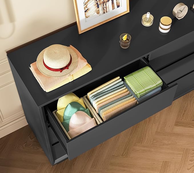 TEENFON 55" Dresser for Bedroom with 6 Drawers, Black Dresser with Metal Slide, Bedroom Dressers, Wood Dressers & Chests of Drawers for Bedroom, Hallway, Black