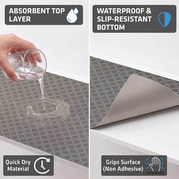 Drymate Premium Luxury Shelf & Drawer Liner, Thick Cushioned Fabric, Non-Adhesive, Absorbent, Waterproof, Slip-Resistant, Liners for Kitchen Cabinets, Cupboards (USA Made)(12”x59”)(2-Pack)(Taupe)