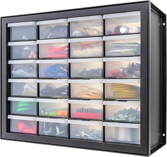 IRIS USA 24-Drawer Plastic Storage Organizer, Made in USA, Teacher Toolbox, Multi Drawer Cabinet For Garage Tools Beads Balloons Building Bricks Crafts Stickers Small Business Scrapbook Art, Black