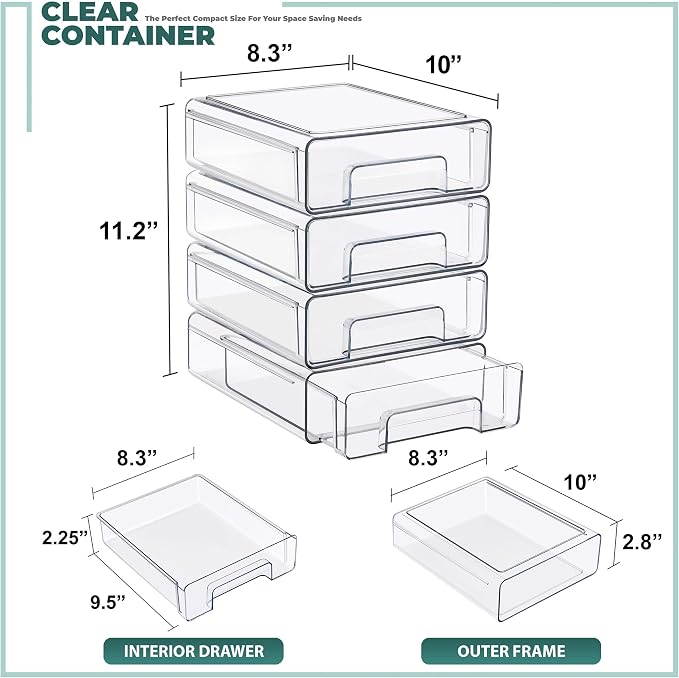 Sorbus Medium Clear Stackable Storage Drawers 4-Pack Plastic Organizer Bins with Handles Pull-Out Drawers for Bathroom Closet, Medicine, Cabinet, Pantry Storage, Baby Bottle Organizer