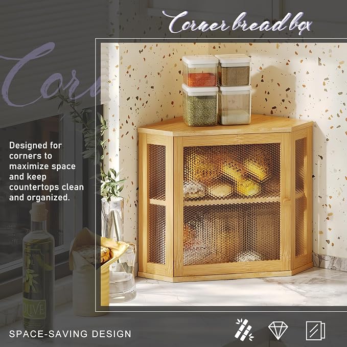 Bamboo Bread Box with Acrylic Window Display,Kitchen Countertop Storage, (Natual, Extra Lage)