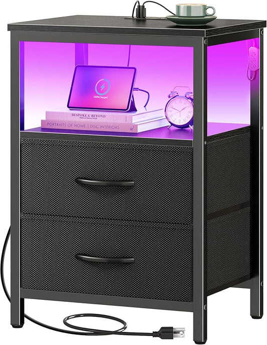 Huuger Night Stand with Charger Station and LED Lights, 2 Drawer Nightstand, Bed Side Table with Open Shelf, End Table, Fabric Drawers for Bedroom, Black