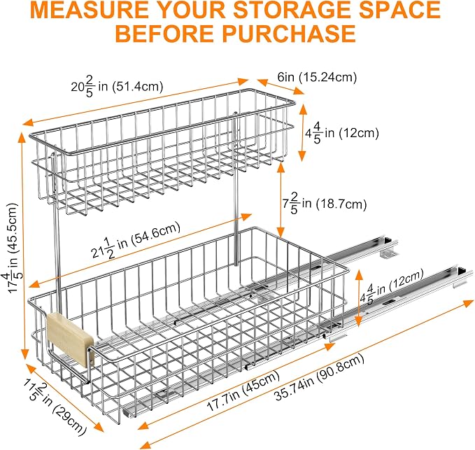 RITSU Pull Out Cabinet Organizer, Under Sink Slide Out Storage Shelf with 2 Tier Sliding Wire Drawer, Sliding Storage for Inside Kitchen Cabinet- 11.5 in. W x 21.5 in. D (Left)