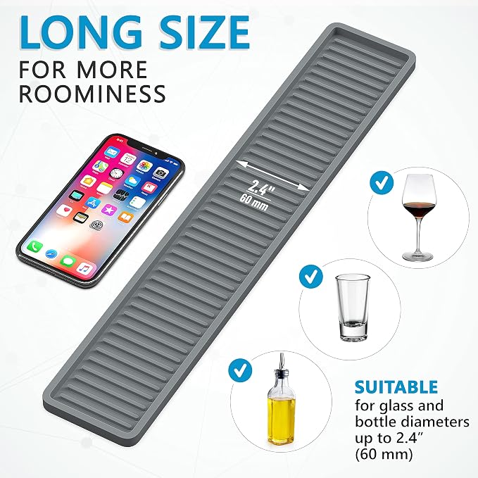 ZAPPOWARE Kitchen Sink Narrow Silicone Holder Tray 17.7"x3.1", Vanity & Bathroom Organizer, Gray