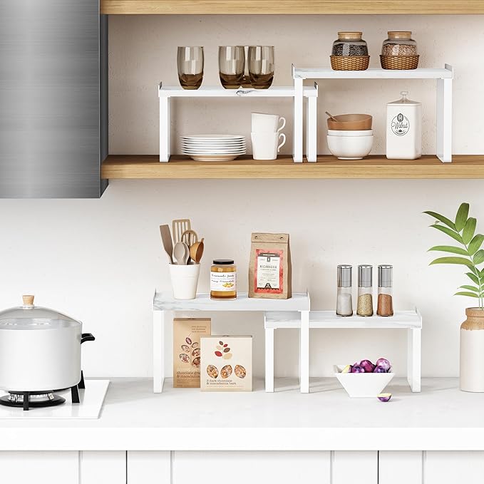 Goozii Counter Shelf Organizer Set of 4, Pantry Shelf Risers for Plates Dishes Cups Mugs Spices, Pantry Cupboard Cabinet Organizers and Storage Shelves Rack Insert for Countertop (White)