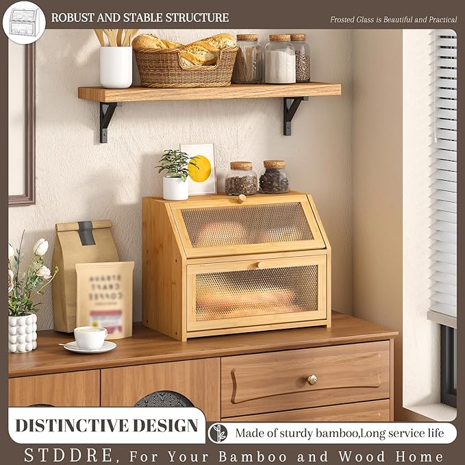 STDDRE Bread Box for Kitchen Countertop Bin Double Layer Bread Box Storage Container Extra Large Capacity Farmhouse with Diamond Pattern Windows (Natural, Large)