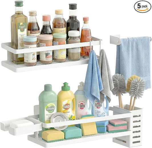 PUSDON 5-in-1 Shower Caddy & Kitchen Organizer Set, Wall Mount Wide Spice Rack with Paper Towel Holder, Utensil Holder, Soap Dish, Rustproof Mesh Baskets Hold 50LBS - White, Guardrail