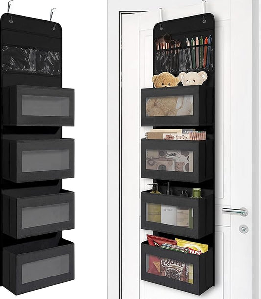 Giraffe Creation Black Over Door Organizer with 4 Large Clear Pockets, Hanging Door Storage for Closet, Bathroom, Bedroom, Dorm, Nursery, Toys, Toiletries, Cosmetics