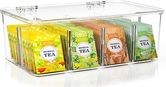Utopia Home - Tea Bag Organizer With Lids, (1 Pack) Clear Pantry Storage Box - Stackable Partition Organizers or Holder With Lids For Drawers, Countertops, Fridge, Kitchen, Snack & Spice Organization