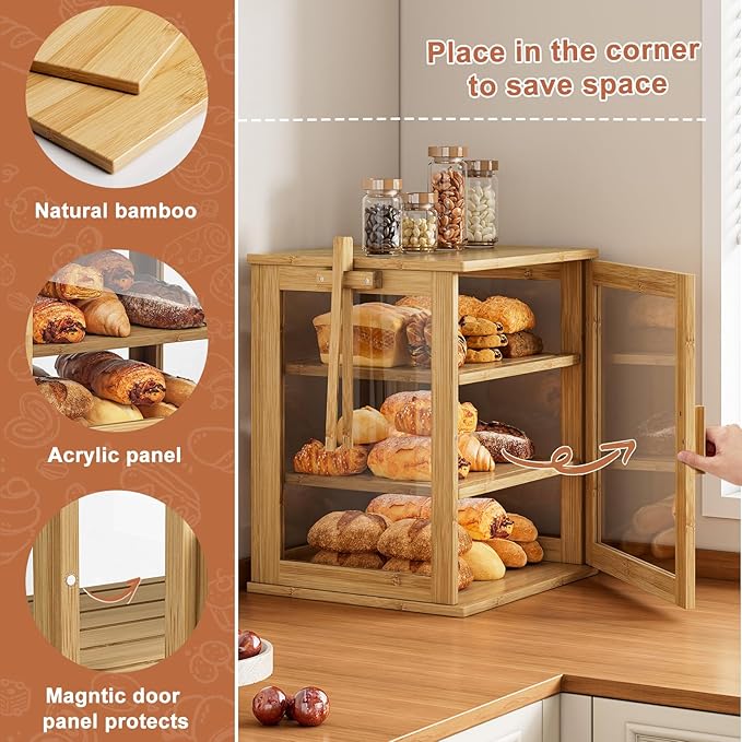 WOWLIVE Bamboo Bread Box for Kitchen Countertop, Large 3 Layers Bread Storage Container for Homemade Bread with Window, Farmhouse Breadbox Organizer for Kitchen, Cabinet, Pantry (Natural, Extra Large)