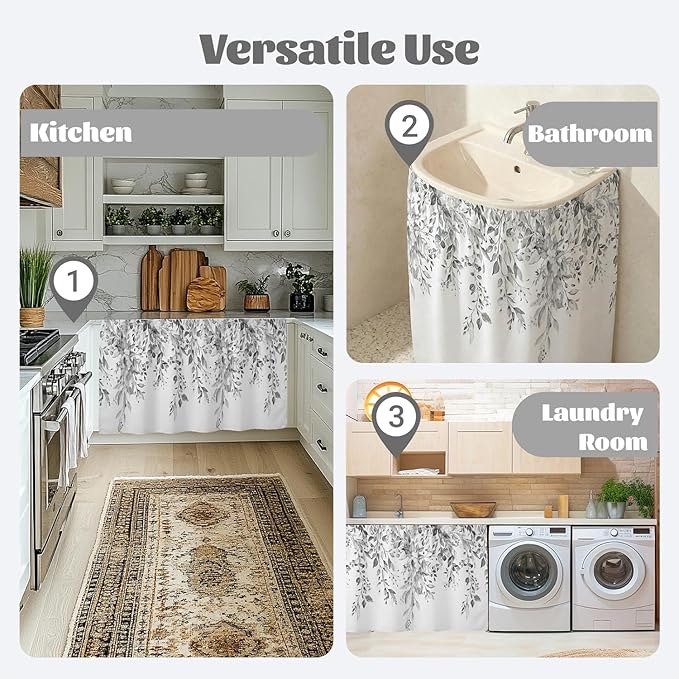 Grey Eucalyptus Sink Skirt for Bathroom, Self Stick Adhesive Waterproof Fabric, Watercolor Plant Leaves with Flora Under Sink Curtain Skirt, Pedestal Sink Accessories Decor