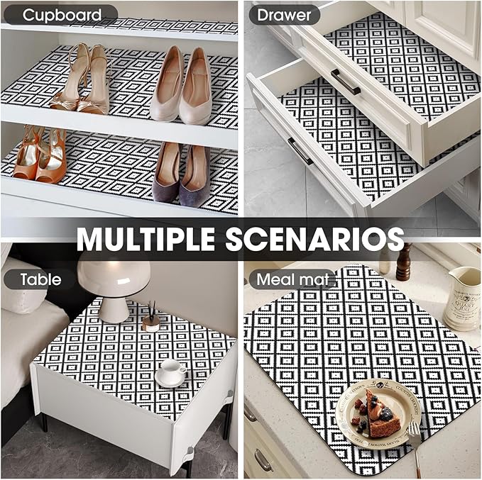Drawer and Shelf Liner, Non-Slip Kitchen Cabinet Liners Non-Adhesive Thick Strong Grip Waterproof Washable Mats Protect Dresser Shelves Cupboard Bathroom Cabinets, Black & White, 12 in X 10 FT