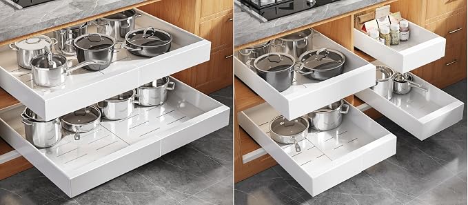 Seinloes 2 Pack 21" Deep Pull Out Cabinet Organizer Expandable（Width 15.1"-26.3"）+4 Pack Slide Out Drawers With Raising Pad for Framed Cabinets,Adjustable Width 9"-14" White