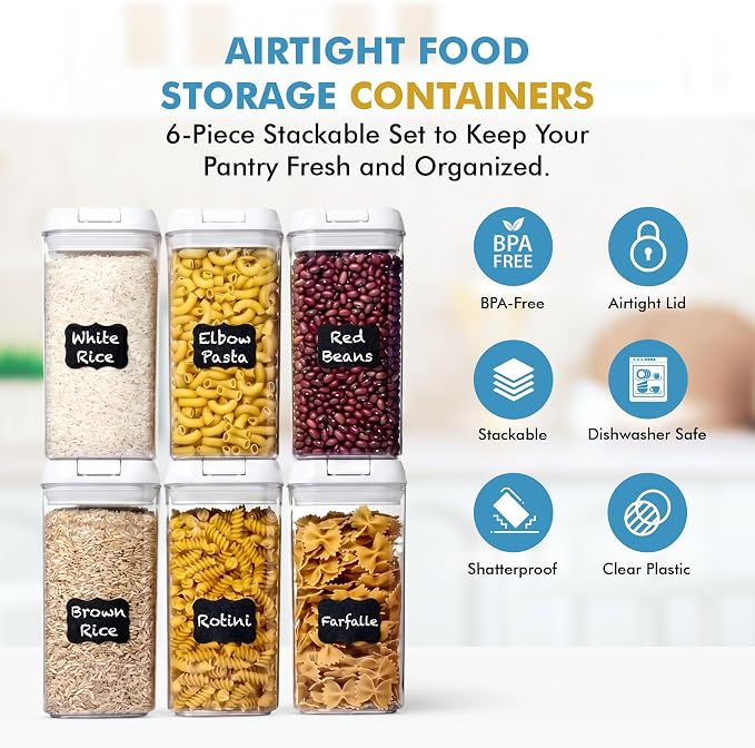 Shazo Airtight Food Storage Containers with Lids - 6 PC BPA Free Clear Plastic Cereal Containers with Easy Lock Lids for Kitchen and Pantry Organization for Snacks and Pasta - 1.2 L