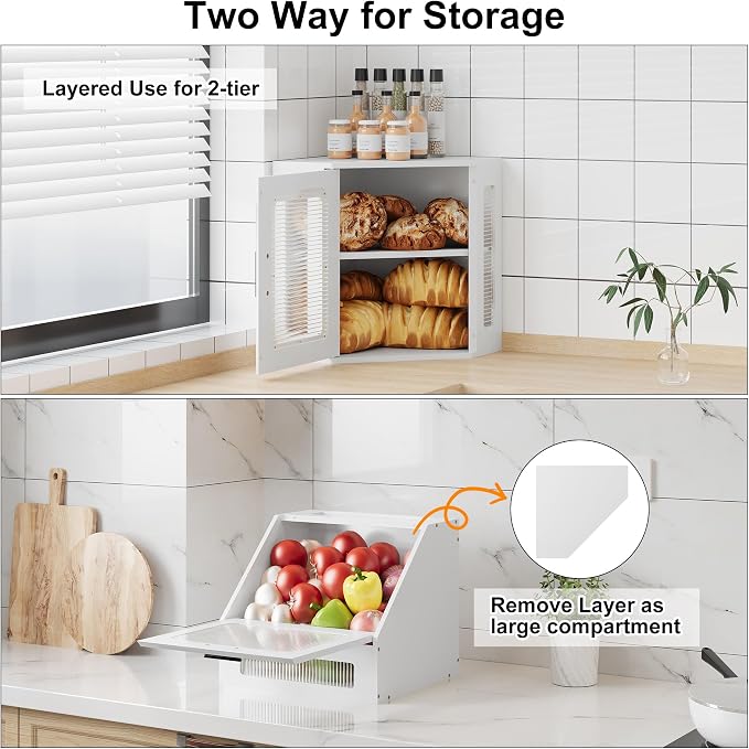 TQVAI Corner Bread Box for Kitchen Countertop, Solid Wood Double Layer Large Storage Container with Adjustable Shelves, Farmhouse Acrylic Window Design, White