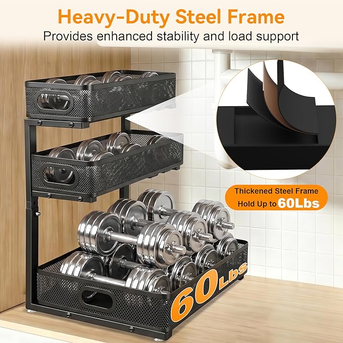 Under Sink Organizer for Bathroom, 3 Tier Adjustable Height Under Sink Storage, Sliding Pull Out Cabinet Organizer Shelf, Metal Multi-Purpose Cabinet Organizer for Kitchen (1 Pack, Black)