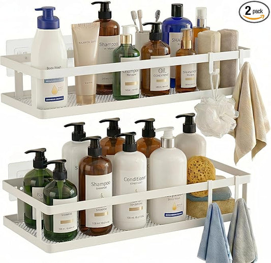 PUSDON 2-Pack Minimalist Shower Caddy Wall Mount, Open Frame Bathroom Shelf Organizer with Mesh Base, Rustproof Floating Spice Rack for Kitchen, Holds 50 LBS, 4 Hooks - White, Guardrail