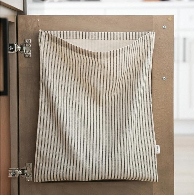 Reusable Dirty Rag Storage Bag Linen Dish Towel Cloth Bag Dish Rag Holder Natural Cotton Vintage for Under Sink Cabinet Door Organizer Laundry Bathroom Storage(Ecru,Vertical Stripes)