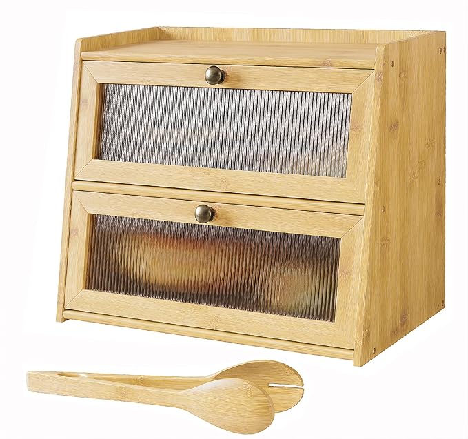 Bread Box for Kitchen Counter, Double Layer Wooden Large Capacity Bamboo Bread Storage Container with Window Bread Holder (Natural Bamboo)