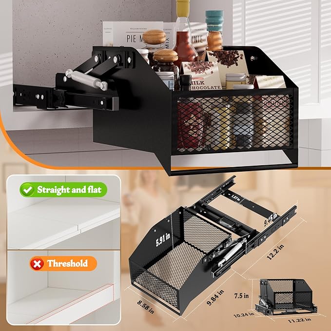 HOUSE AGAIN Pull-Down Cabinet Organizer for High/Deep Cabinets, Drop Down Spice Rack, 12.6" Out & 1.8" Down, Dual Install (Screw/3M Tape), Fits Frameless, for Spices, Snacks and Small Bottles (Black)