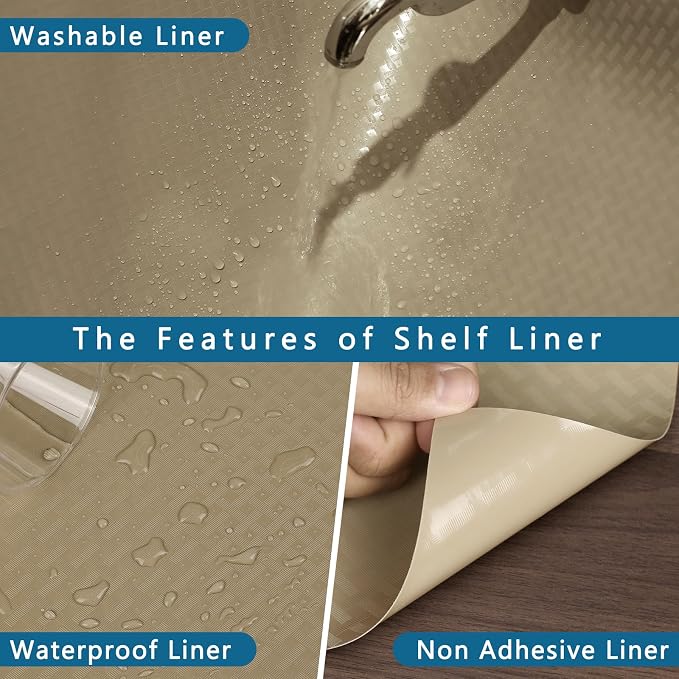 HooTown Kitchen Shelf Liner Drawer Liners, 17.5"W x 196.8"L Non-Adhesive Cabinet Cupboard Liners Refrigerator Waterproof Fridge Mat with Durable Kitchen Cabinet Mat for Drawers, Shelves, Pantry, Khaki