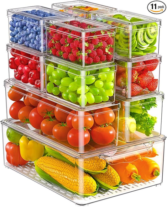 KEMETHY 11 Pack Refrigerator Organizers and Storage, Stackable Fridge Organizer Bins, BPA-Free Clear Plastic Fruit Storage Containers for Fridge, Kitchen, Fruits, Drinks, Produce, Vegetable