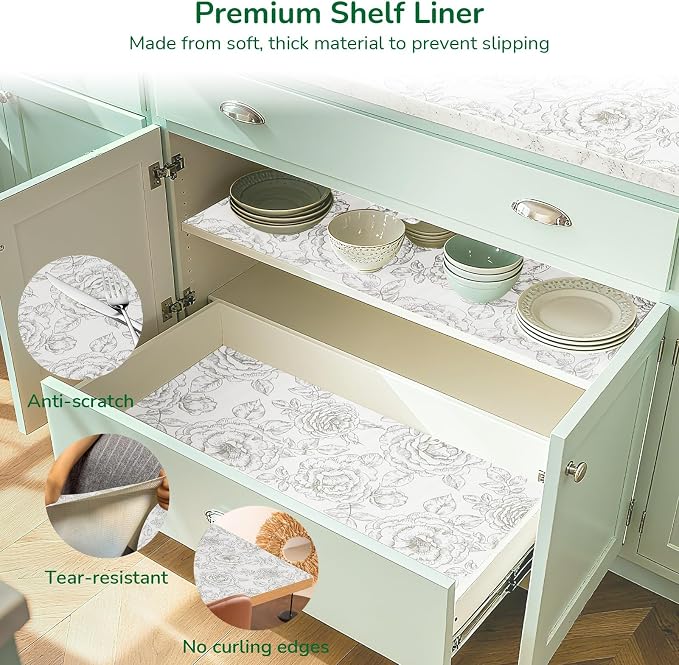 Floral Drawer and Shelf Liner for Kitchen, Non-Slip Non-Adhesive Cabinet Liners for Cupboard, Dresser, Shelves, Tool Box, Pantry, Thickened Easy Install, Strong Grip, 17.5In x 20FT, Rose