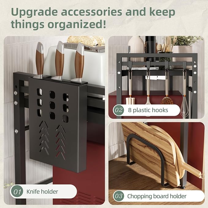 NETEL Expandable Microwave Stand with Cutting Board Holder and Knife Holder,2 Tier Metal Kitchen Countertop Organizer Shelves with 8 Hooks,Bakers Rack,55lbs Weight Capacity,Black