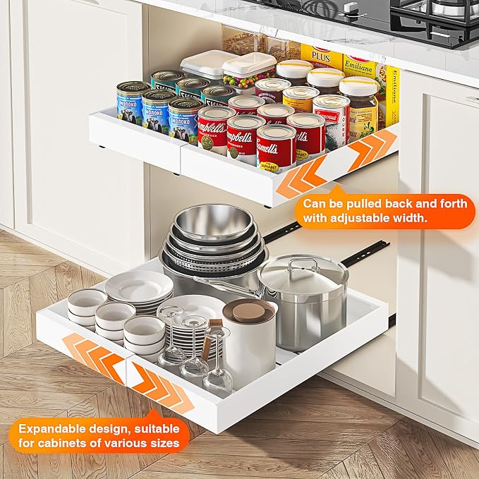 Expandable Pull Out Cabinet Organizer, Slide Out Cabinet Shelves with 3 Quiet Rails, Nano Adhesive No Drill Roll Out Drawers for Kitchen, Pantry, Bathroom,12.6-20.4" W x 16.54" D,1 Pack,White
