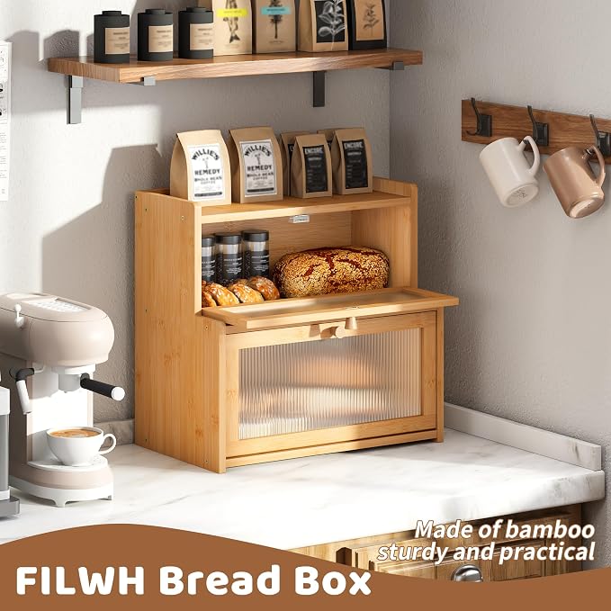 Bread Box for Kitchen Countertop Double Layer Large Corner Bread Box Capacity Bread Storage Bin Farmhouse Breadbox Container Organizer Cabinet Cupboard Nature
