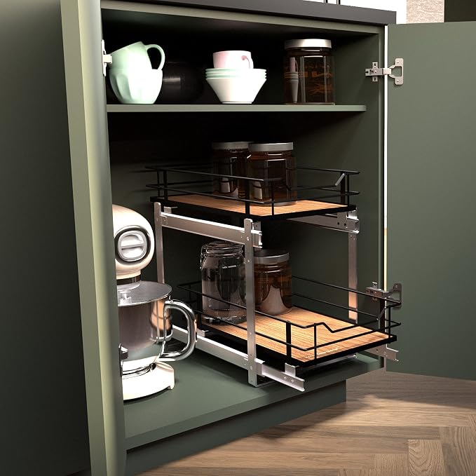 Home Zone Living Pull Out Kitchen Cabinet Organizer with 2 Tiers of Storage for Easy Access, 12”W x 20”D, Matte Black with Dark Brown, Virtuoso Collection