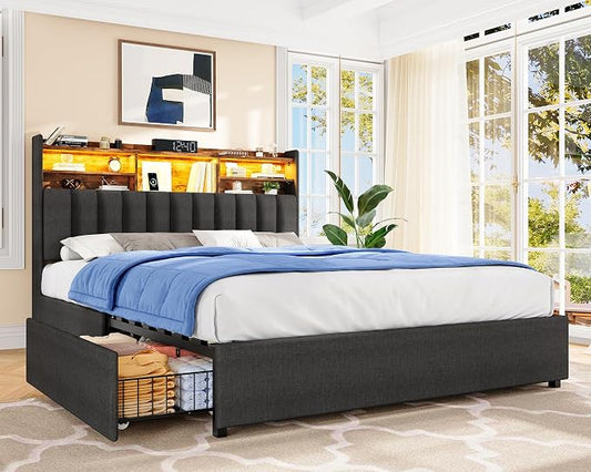 TEENFON Queen Bed Frame with Headboard and 4 Drawers Storage, Bed Frame Queen Size Built in LED Lights and Charging Station, Sturdy & Noise-Free Upholstered Platform Metal Support Bed, Dark Grey