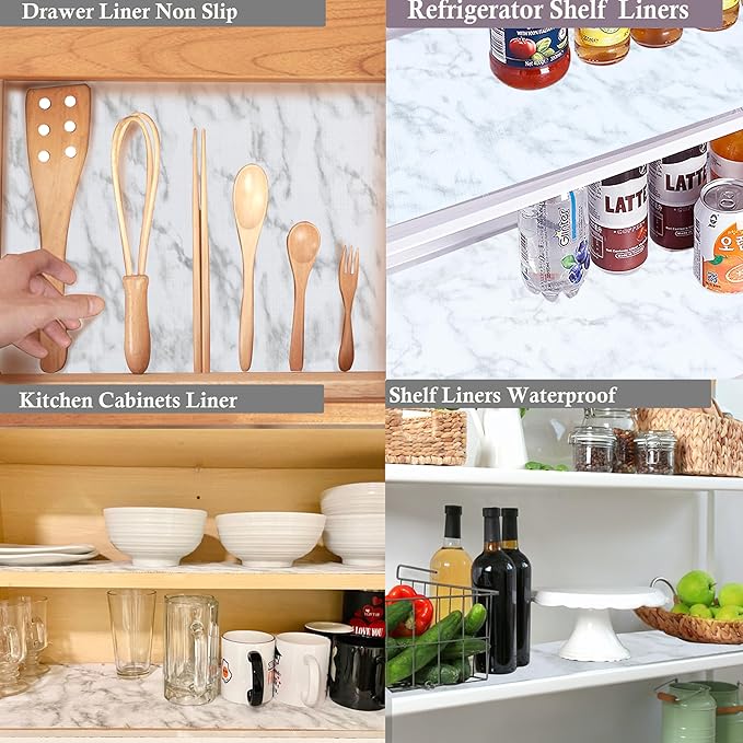 Shelf Liners for Kitchen Cabinets Non-Adhesive 10 Inch Wide X 10 Ft Cabinet Liners Non Slip Waterproof Marble Printed Drawer Liners Strong Grip Washable Mats for Cupboard Pantry Fridge Bathroom