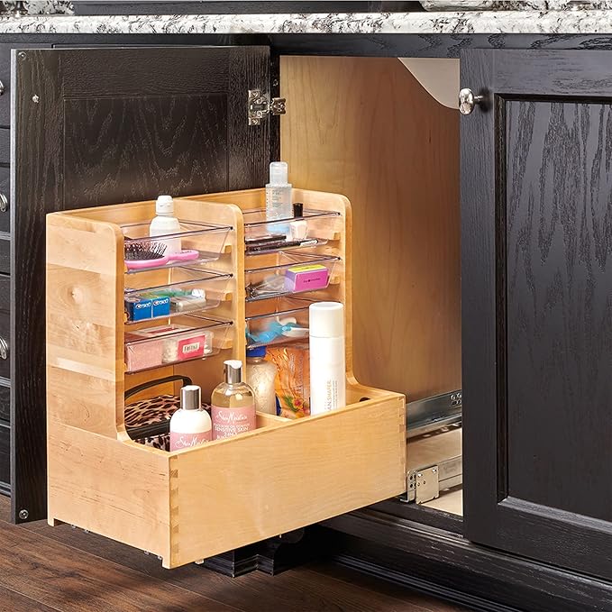Rev-A-Shelf 30" Wood Vanity Sink Pullout Organizer Cabinet Storage with Soft-Close for Kitchen or Bathroom, Min Opening Width of 12", Maple Wood, 441-15VSBSC-1