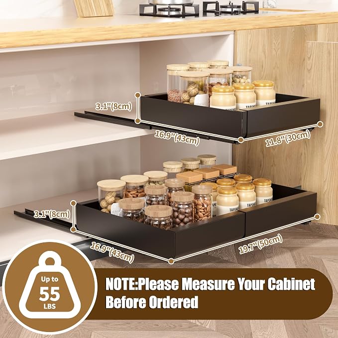Pull Out Cabinet Organizer, Width Expandable (11.7"-19.7") Heavy Duty Slide Out Drawers Fixed with Adhesive Nano Film for Pots, Roll Out Shelf Storage For Kitchen,Pantry,Garage,Bathroom Storage