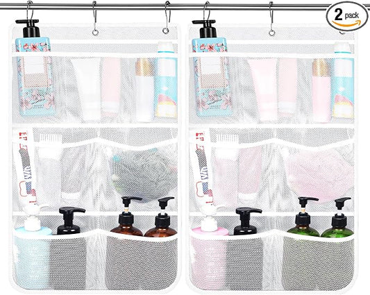Dntorx 2 Pack Mesh Shower Hanging Caddy, 7 Pockets Hanging Shower Organizer with Metal Loop, Portable Bathroom Bag for Shampoo, Body Wash, Soap, and Cruise Ship Essentials