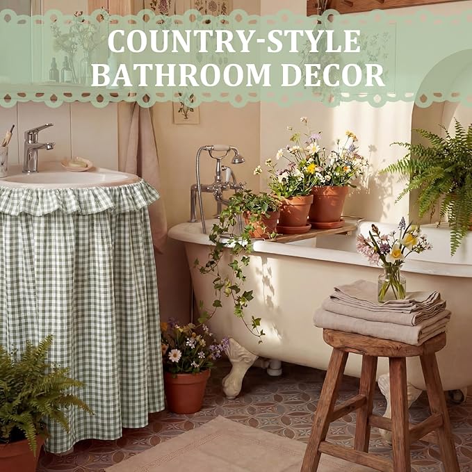 Green Ruffle Gingham Sink Skirt Self-Adhesive Bathroom Stitch Self Stick Adhesive Fabric Under Sink Curtain Skirt 55'' x 32'' for Bathroom Kitchen Laundry Utility Room Decor (32 x 55in)