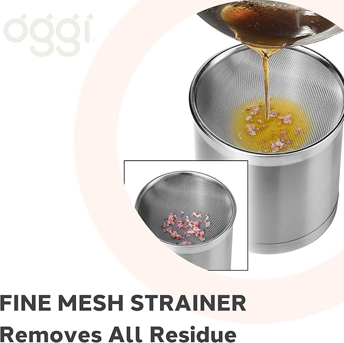 Oggi Stainless Steel Jumbo Grease Container with Removable Strainer and Snug Lid. Perfect container for fryer oil, bacon drippings, lard and ghee oil. Large capacity can - 1 Gall / 4 Qt / 3.75 Lt