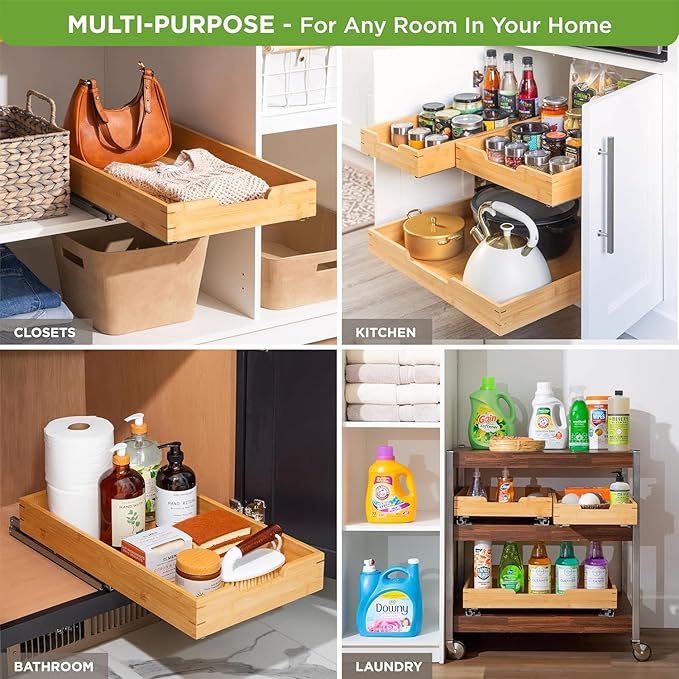 HOLDN’ STORAGE Bamboo Wooden Pull out Cabinet Organizer 14"W x 21"D Requires At Least a 15.25"W x 21"D Cabinet Opening W/Lifetime Limited Warranty, Bamboo Tray and Heavy Gauge Metal Rails