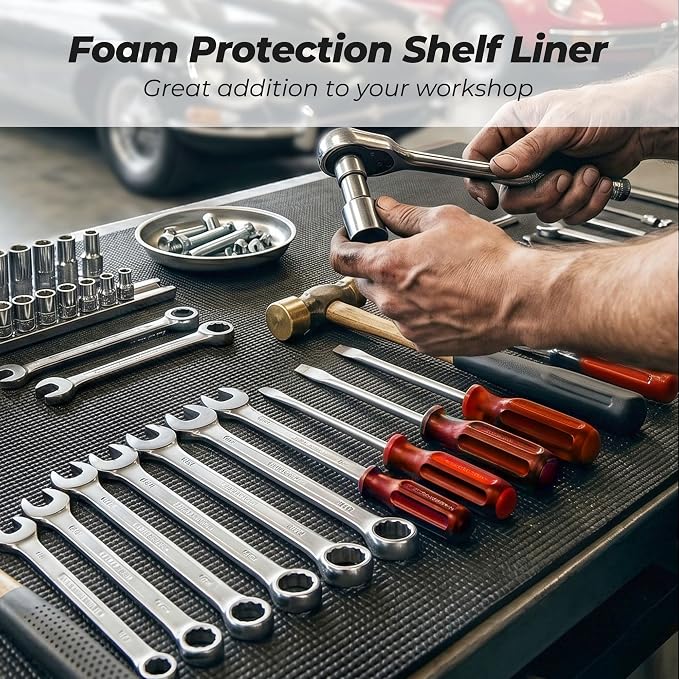 PABUSIOR Toolbox Shelf Liners Black: 5MM Thick Heavy Duty Tool Box Foam Liner for Drawers - Non Slip Grip Cabinet Mats for Garage Shelves 16" W x 98" L
