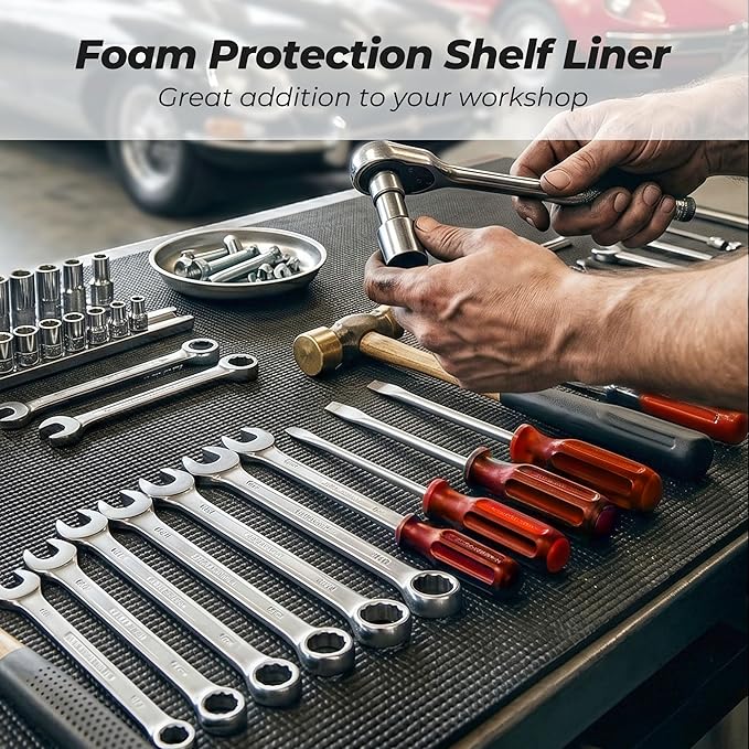 PABUSIOR Foam Toolbox Shelf Liner: 5MM Thick Non-Slip Tool Box Liners for Drawer - Heavy Duty Cabinet Protector Mats for Kitchen Shelves Black 10" W x 98" L