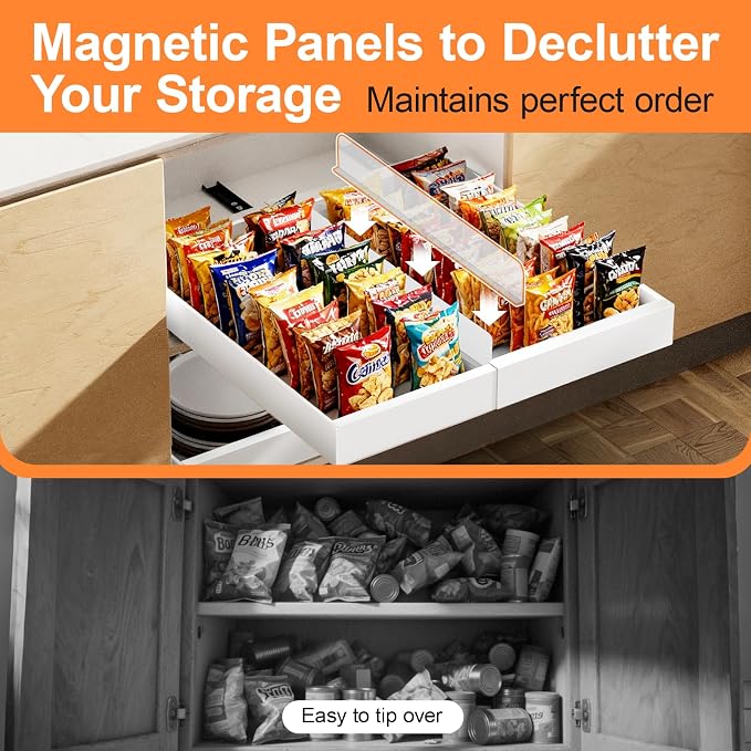 YJHome 2 Pack Pull Out Cabinet Organizer, No Drill Expandable Width 12"-20" & 21" Depth, Adhesive or Screw-In Installation, Magnetic Divider for Custom Storage, for Kitchen Pantry Bathroom Cabinet