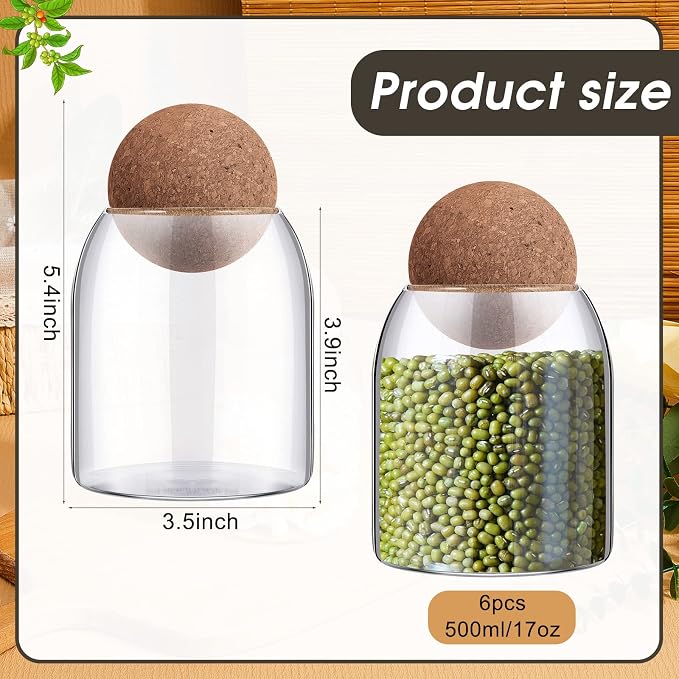 Suclain 6 Pcs Glass Jars with Cork Ball Lid Farmhouse Kitchen Canisters Coffee Bar Countertop Container Rustic Storage Jars for Bean Nut Sugar Coffee Tea Organizer Housewarming Gift (17 oz)