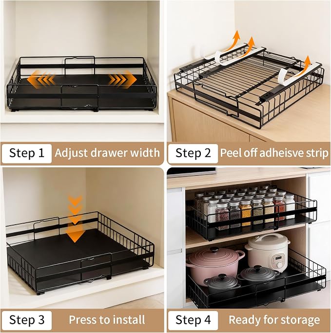 2 Pack Expandable Pull out Cabinet Organizer, Width (13"-21") Pull Out Drawers for Cabinets, Full Extension Upgrade 3 Slide Rails Slide Out Drawers, No Drill Adjustable Roll Out Shelves (Black)